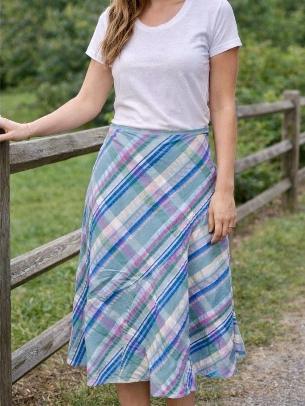 JH Collectibles vintage Preppy Plaid A-Line Skirt in Blue, Pink & Cream size 8